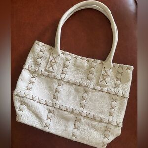 Cream Leather Shoulder Bag with monochrome stitching